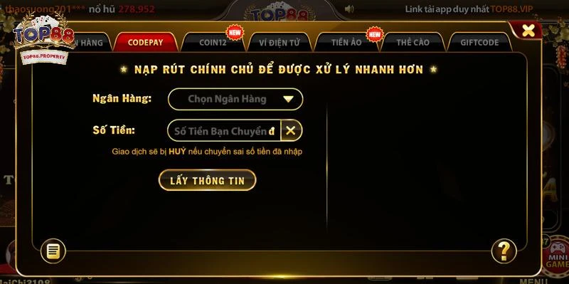 Hệ thống cung cấp đa dạng hình thức nạp tiền cho anh em