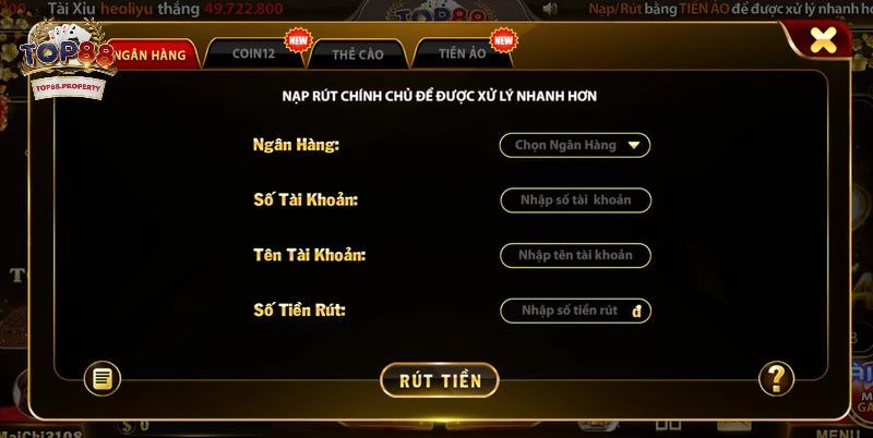 Form rút tiền từ Top 88 thông qua tài khoản ngân hàng