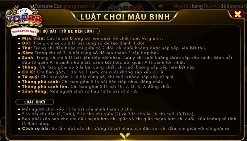 Luật chơi cơ bản của Mậu Binh Top88