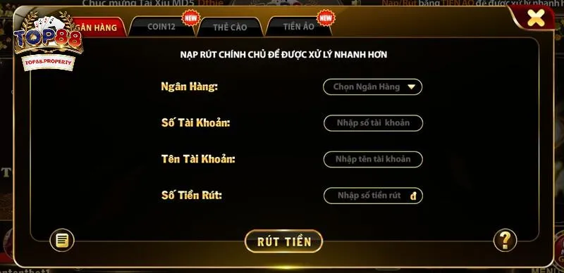 Rút tiền Top88 về tài khoản ngân hàng