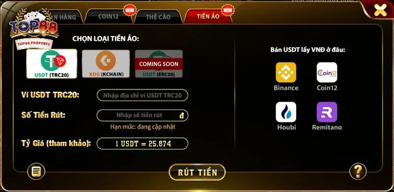 Thực hiện Rút tiền Top88 qua kênh tiền ảo